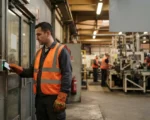 Pracownik hali produkcyjnej przykłada kartę RFID do czytnika przed zmianą