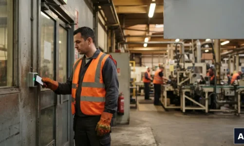 Pracownik hali produkcyjnej przykłada kartę RFID do czytnika przed zmianą